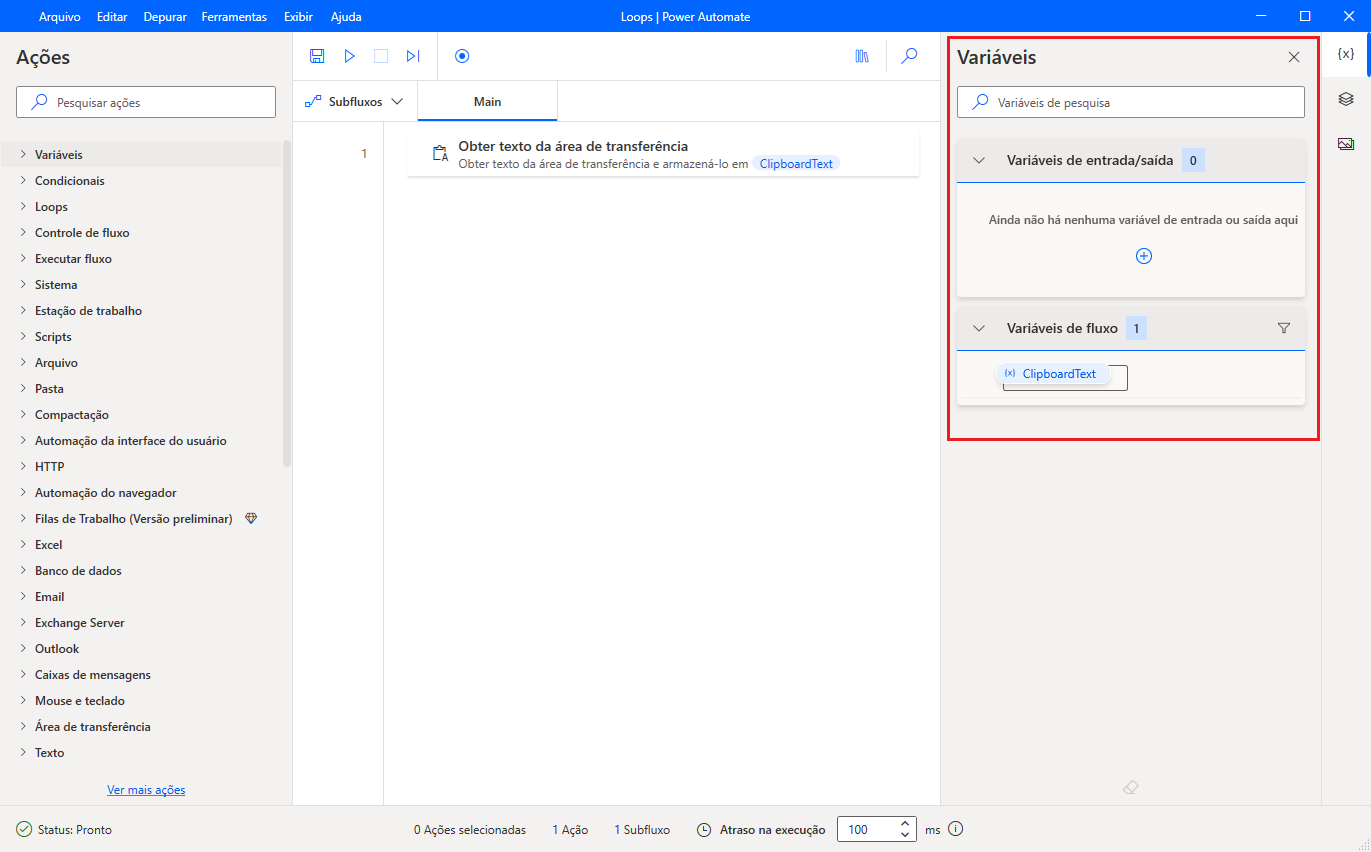 Captura de tela do painel de variáveis do Power Automate para área de trabalho.