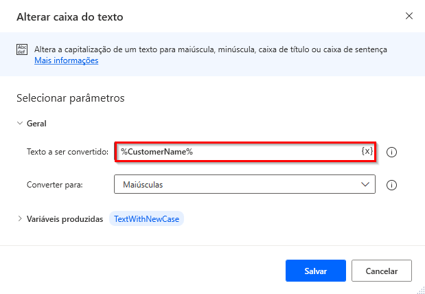 Captura de tela de uma variável usada como um parâmetro de ação.
