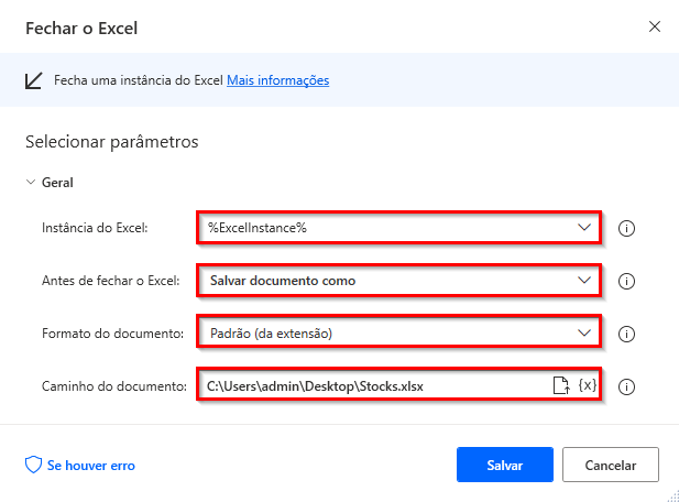 Captura de tela da caixa de diálogo da ação Fechar o Excel.