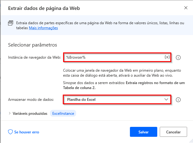 Captura de tela da ação de extração de dados da página da Web.