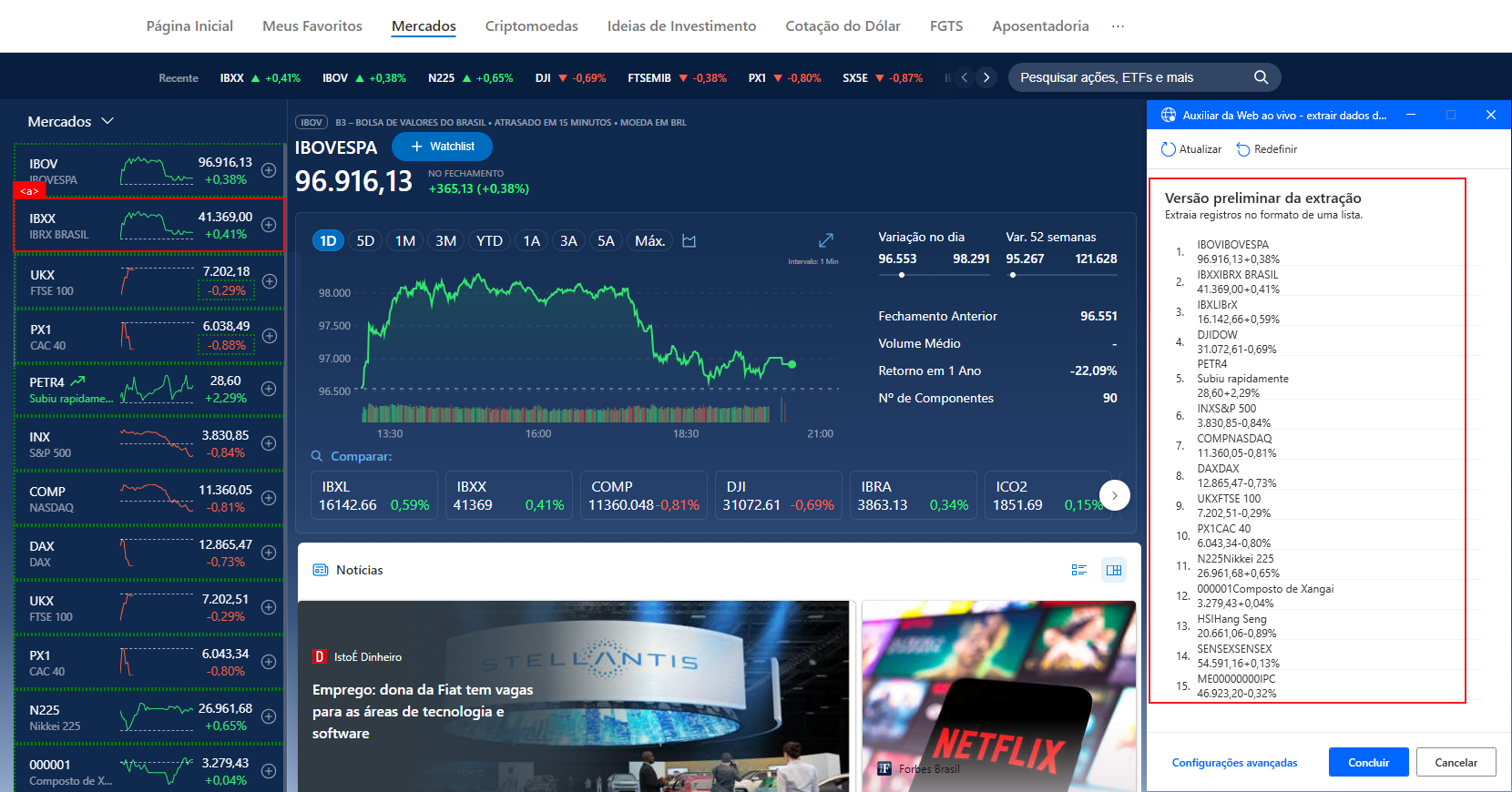 Captura de tela da visualização de extração de todas as ações.