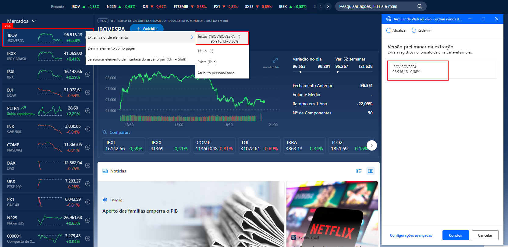 Captura de tela da visualização de extração da primeira ação.