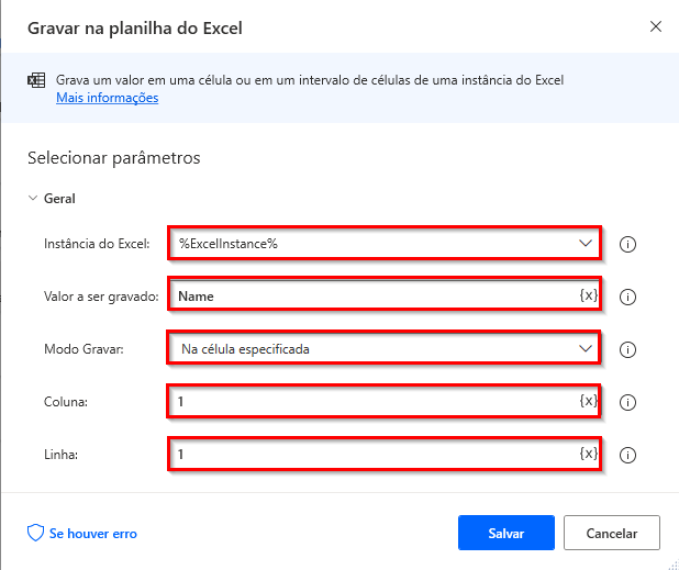 Captura de tela da primeira ação