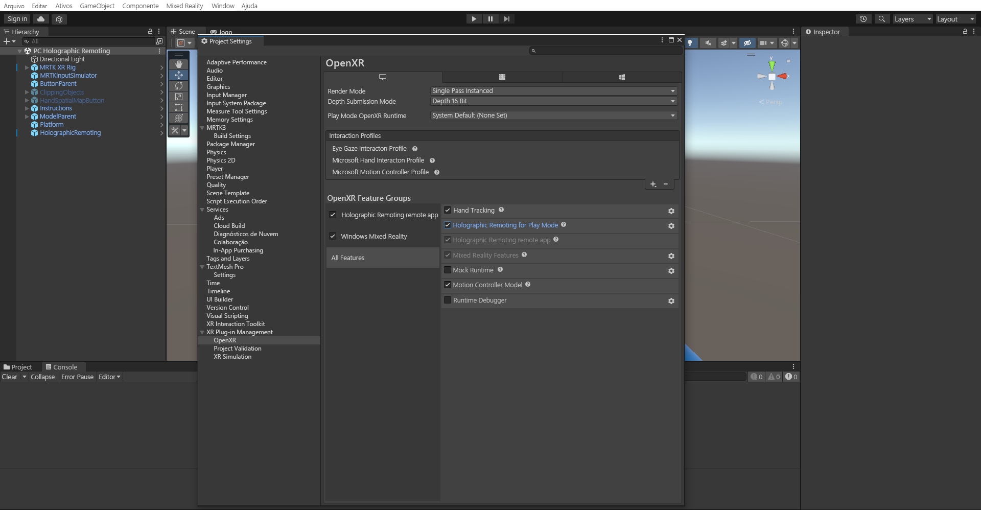 Screenshot of enabling Holographic Remoting for Play Mode.