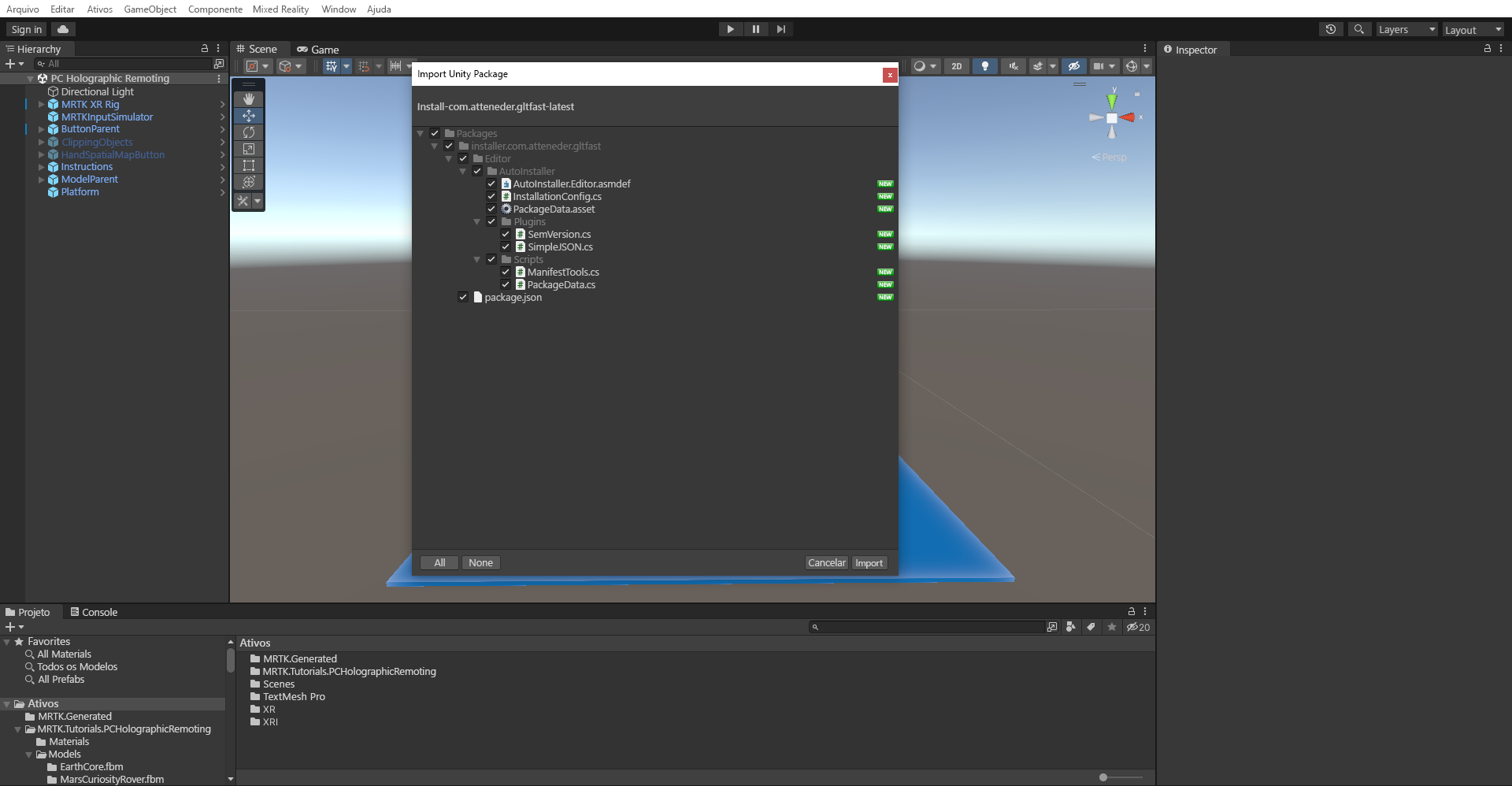 Screenshot of importing glTFast.