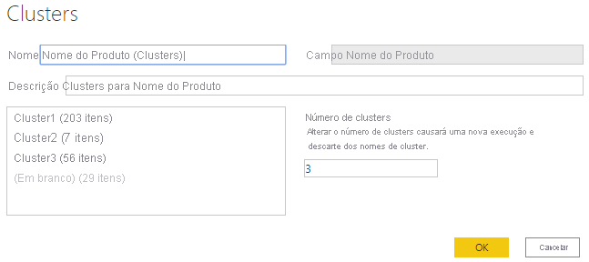 Captura de ecrã das predefinições na janela Clusters.