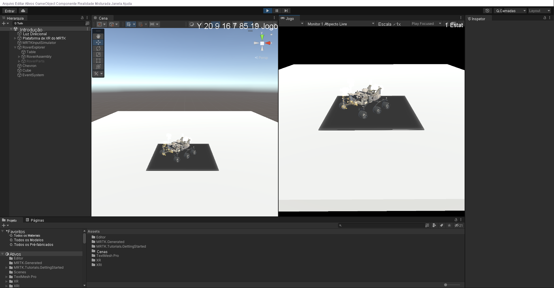 Screenshot that shows the Play mode split view, with gaze hitting the RoverAssembly object.