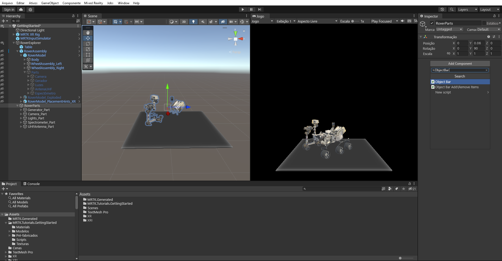 Captura de tela que mostra o objeto RoverParts com Add Component Object Bar em andamento.