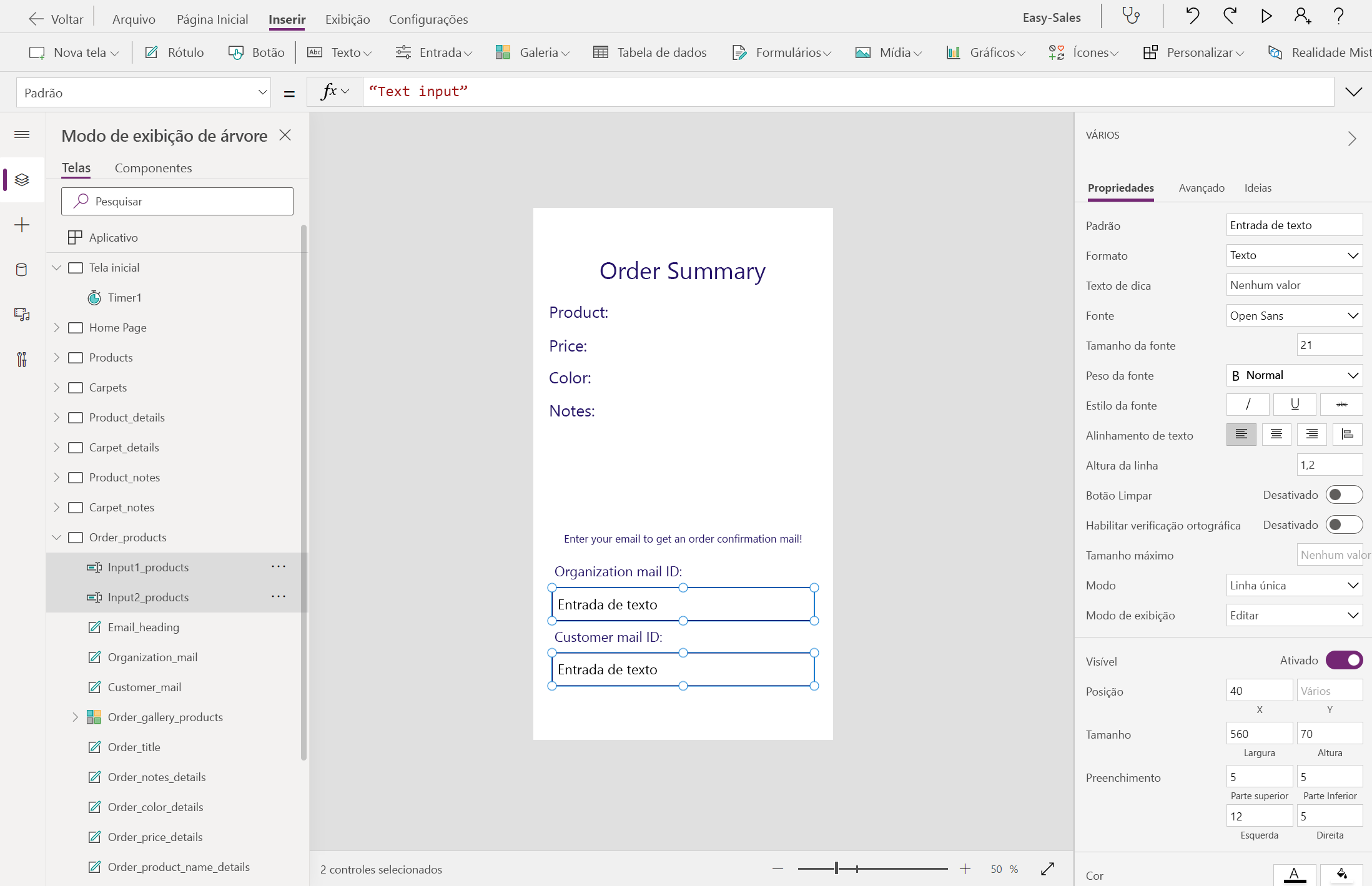 Captura de tela de dois campos de entrada de texto.