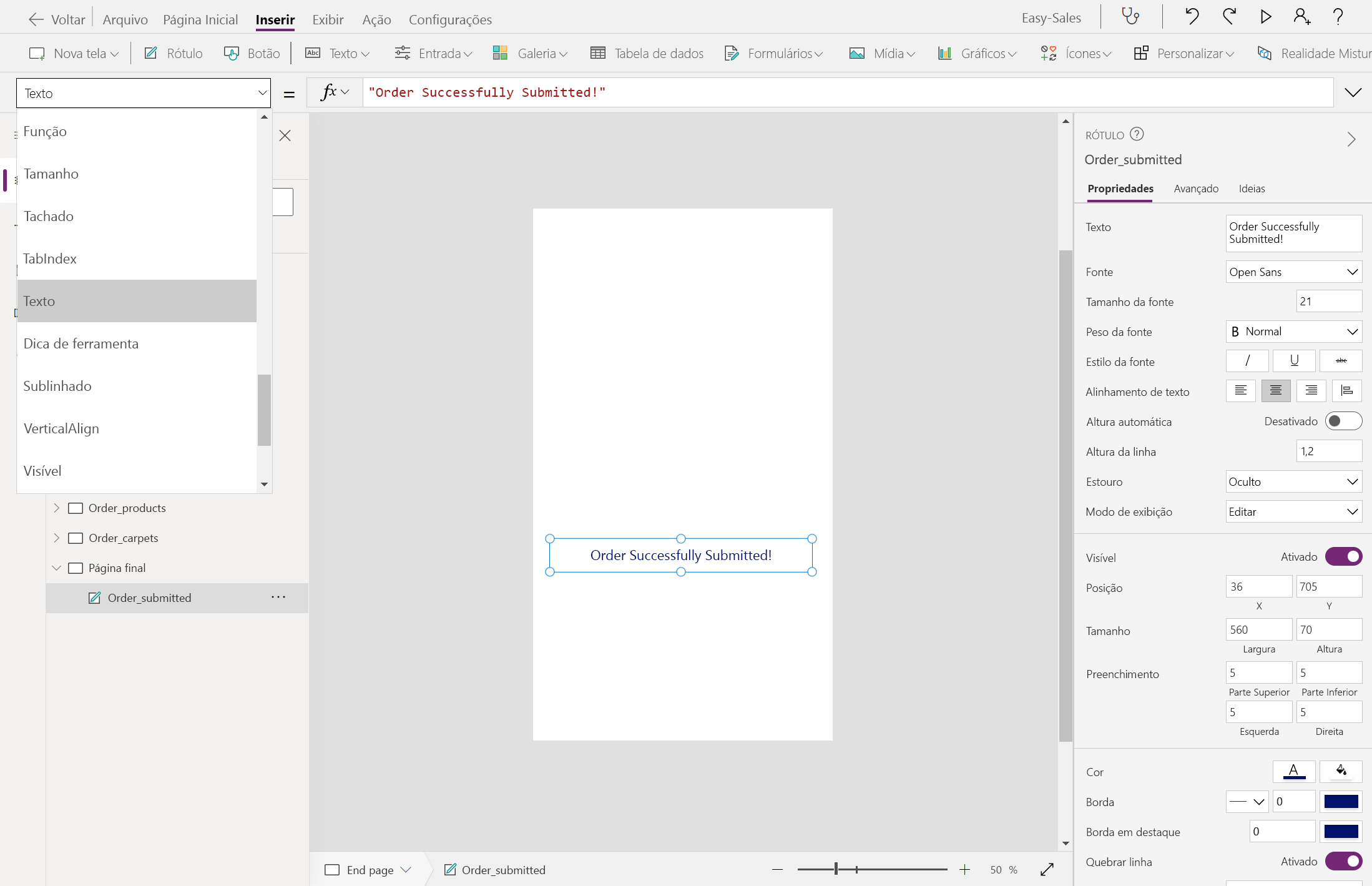 Captura de ecrã a mostrar a adição de etiqueta para a Encomenda Efetuada com Sucesso.