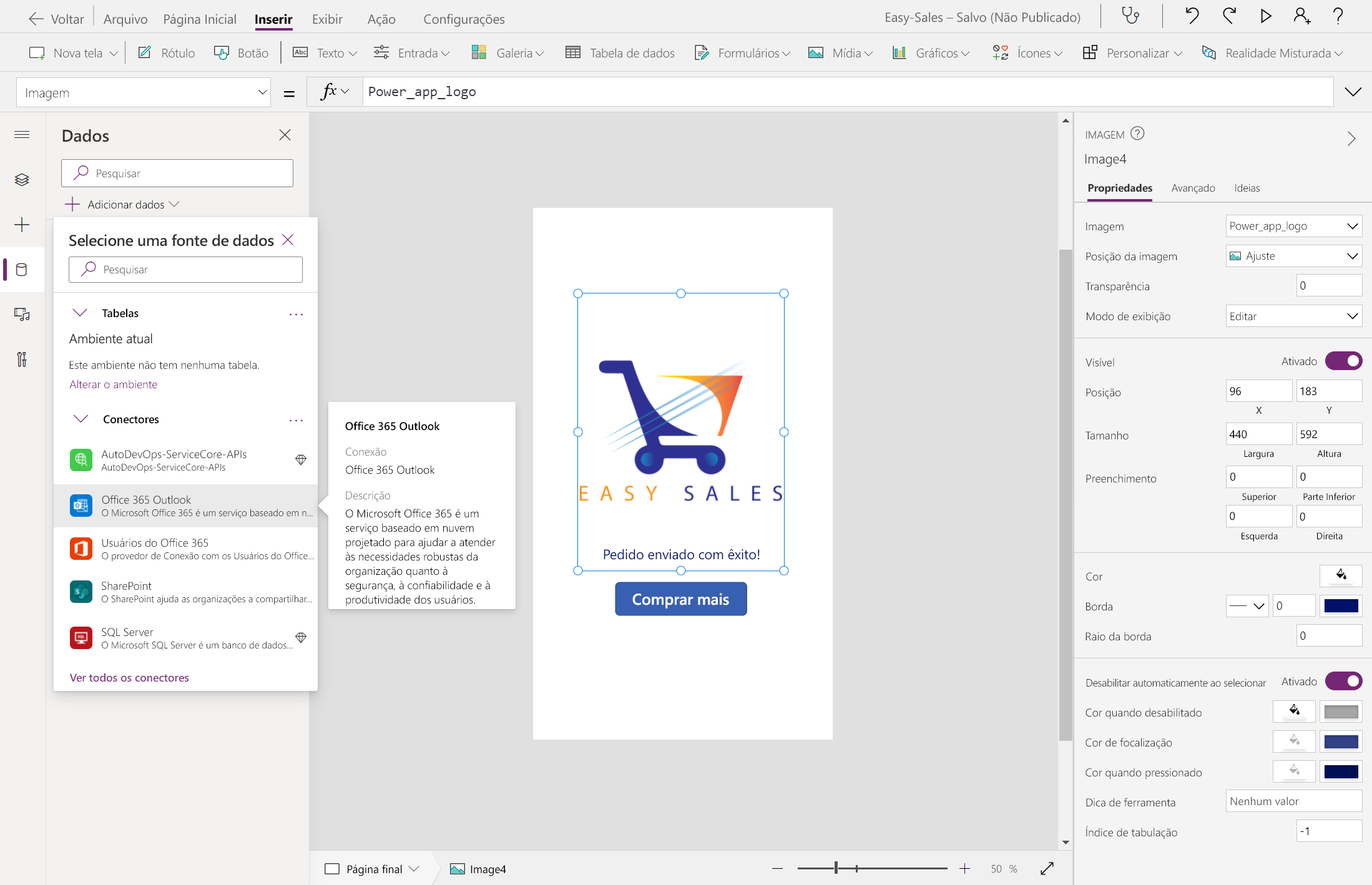 Captura de ecrã a mostrar a adição de conectores de dados para o Outlook.