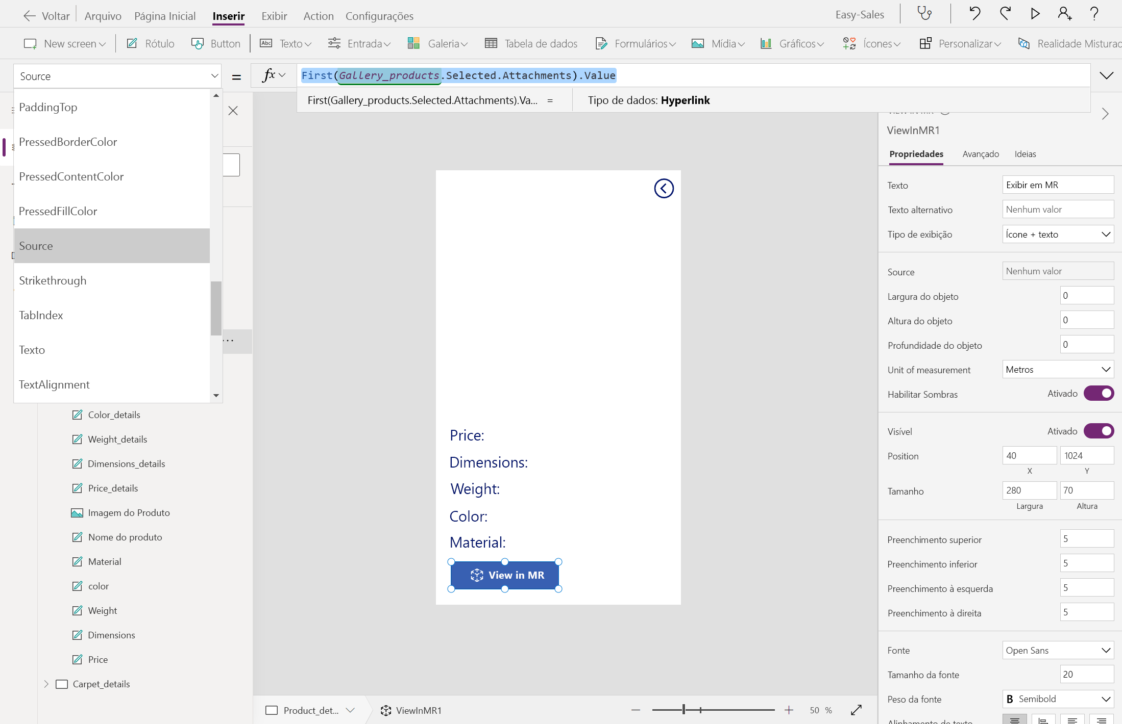 Captura de tela para adicionar fonte para visualização em MR.
