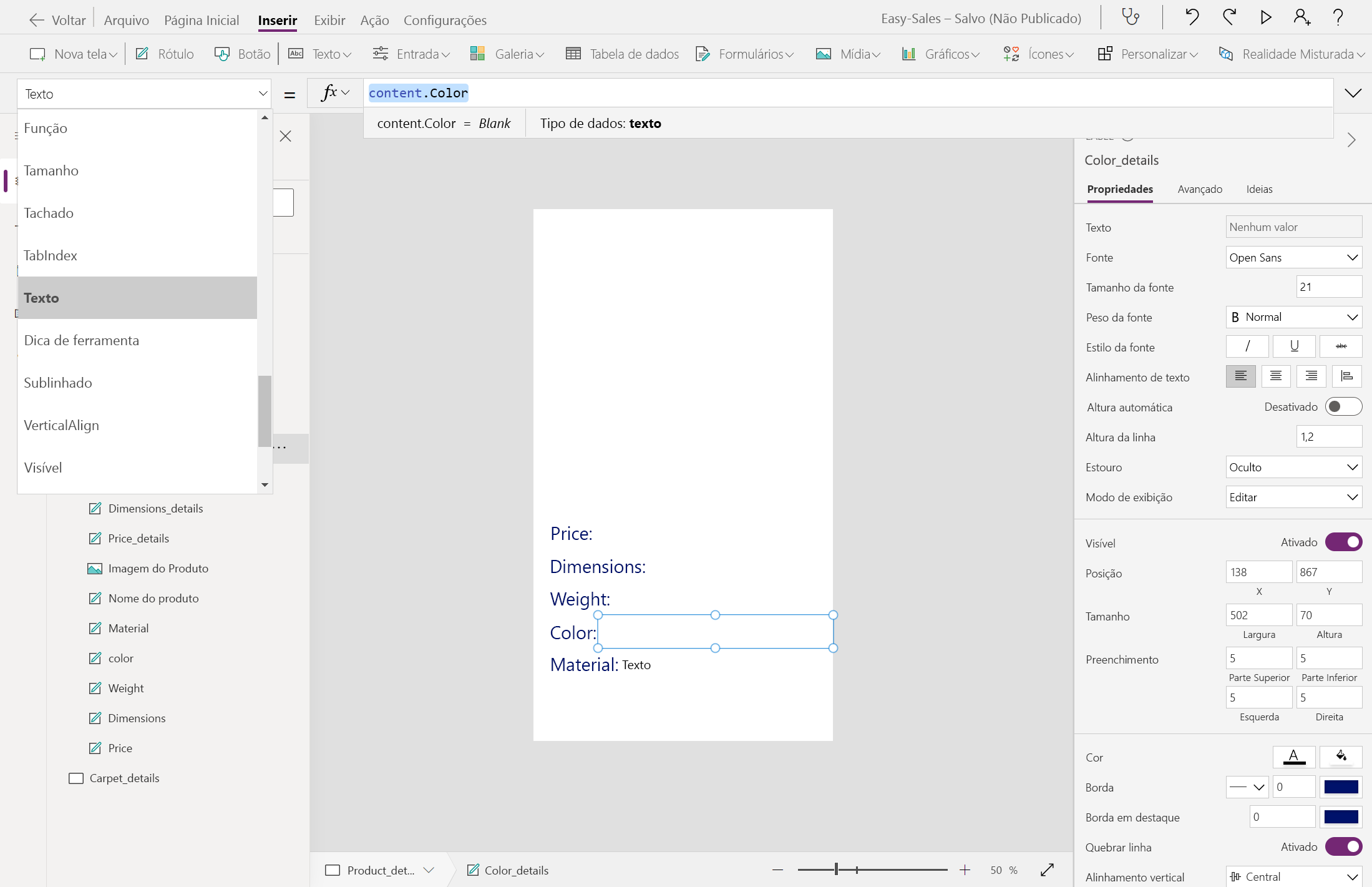 Captura de ecrã da etiqueta em branco para a cor.