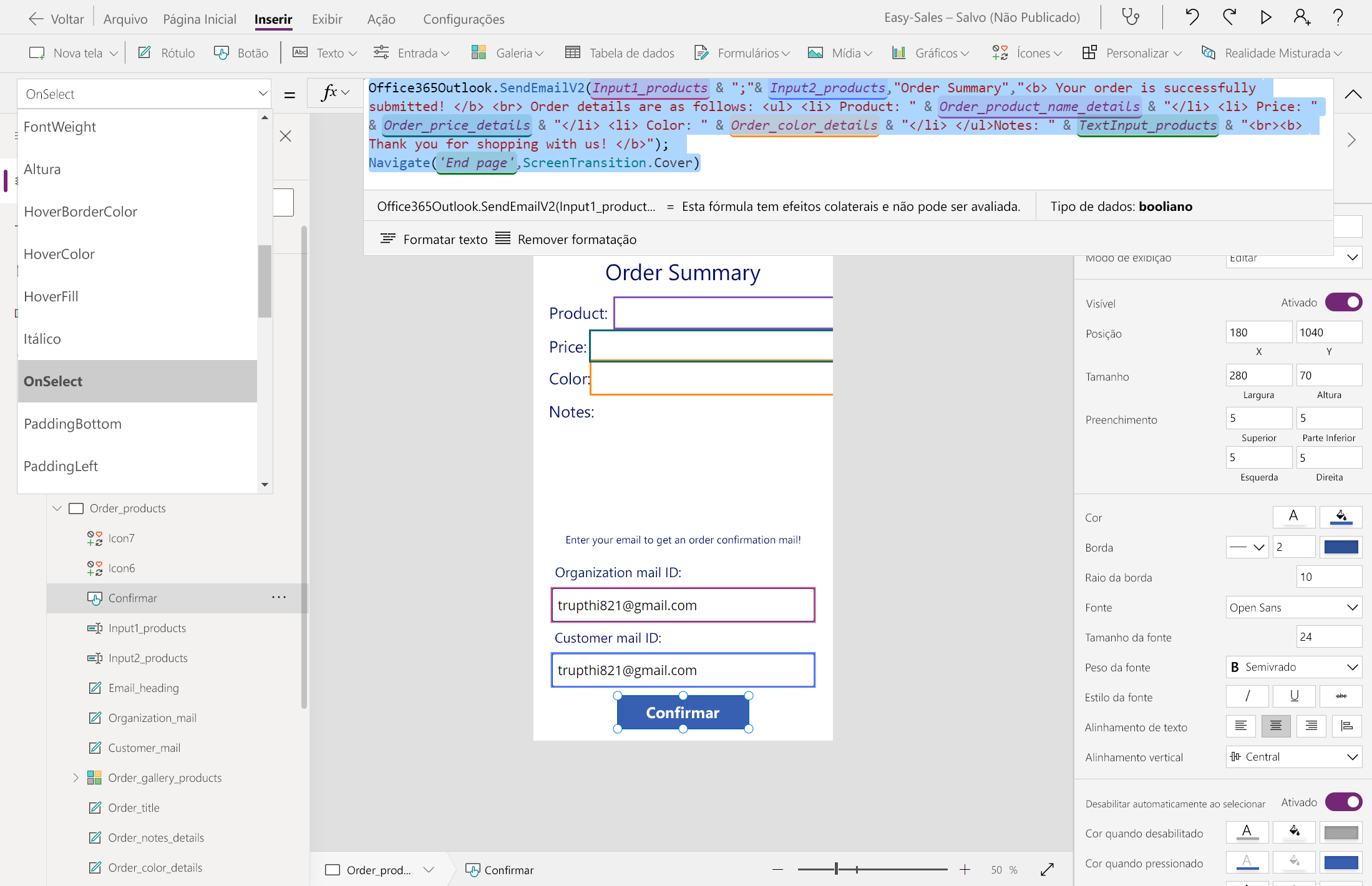 Captura de ecrã a mostrar o botão de confirmação de configuração.