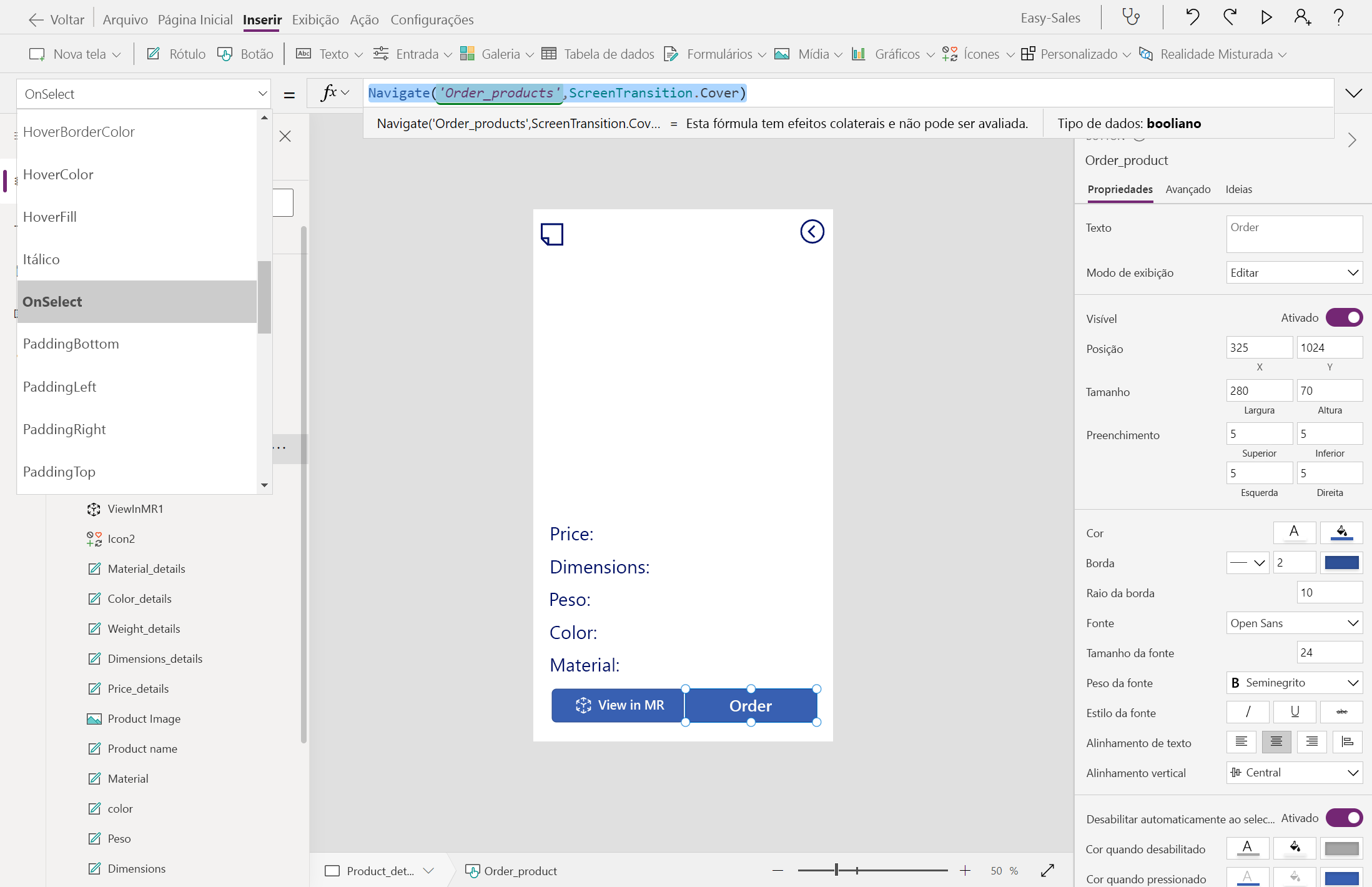 Captura de ecrã da configuração Order OnSelect.