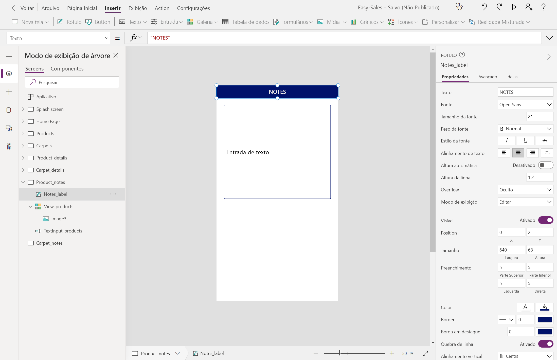 Captura de ecrã a mostrar a inserção da etiqueta.