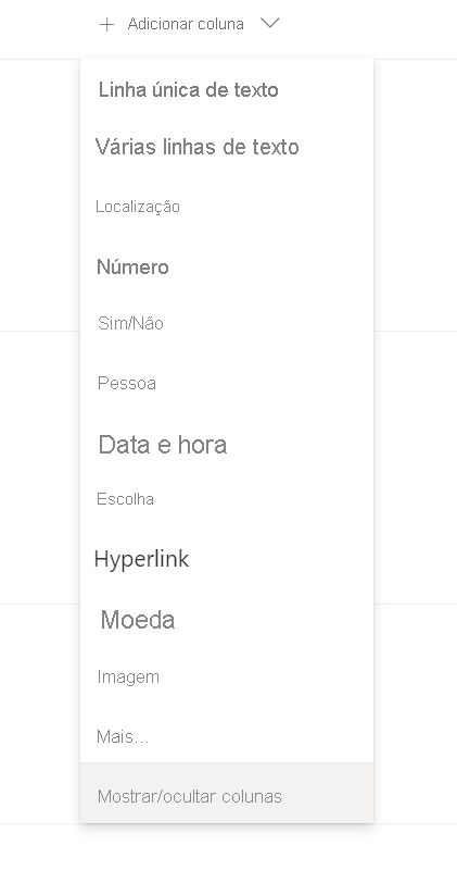 Captura de ecrã para adicionar coluna.