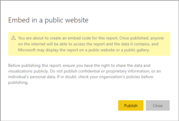 Captura de ecrã a mostrar a caixa de diálogo Incorporar num site público com o aviso.