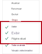 Imagem a mostrar o menu de contexto do marcador, com a página Dados, Ecrã e Atual ativada.