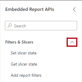 Imagem mostrando o grupo Filtros e Segmentações de Dados expandido no painel APIs de Relatório Incorporado.
