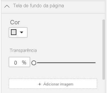 Captura de ecrã a mostrar Cor de fundo da página definida como cinzento claro e Transparência definida como 0.