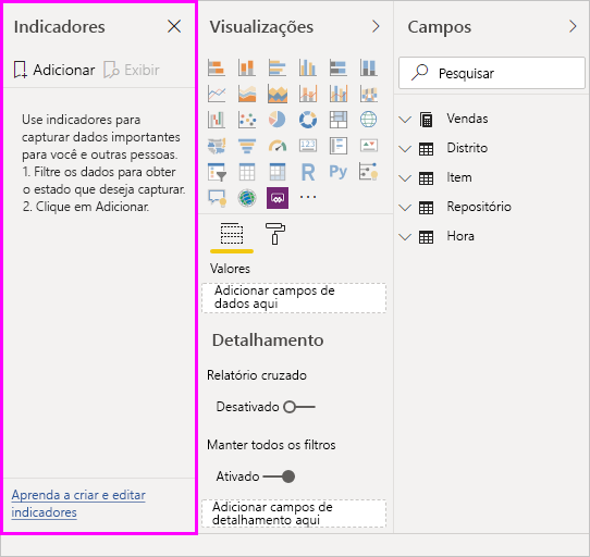 Captura de ecrã a mostrar o painel Marcadores com uma vista configurada de uma página de relatório, incluindo a filtragem e o estado dos elementos visuais.