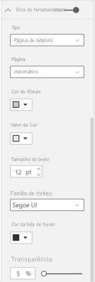 Captura de ecrã a mostrar as opções básicas de formatação do Power BI para descrições.
