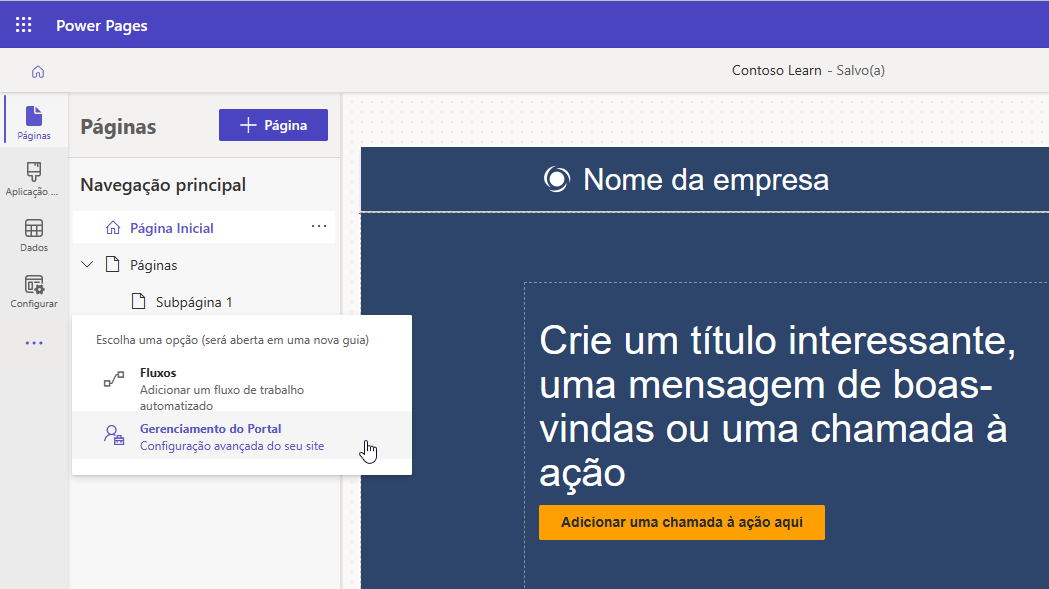 Captura de tela do acesso ao Gerenciamento de Portal do estúdio de design do Power Pages.