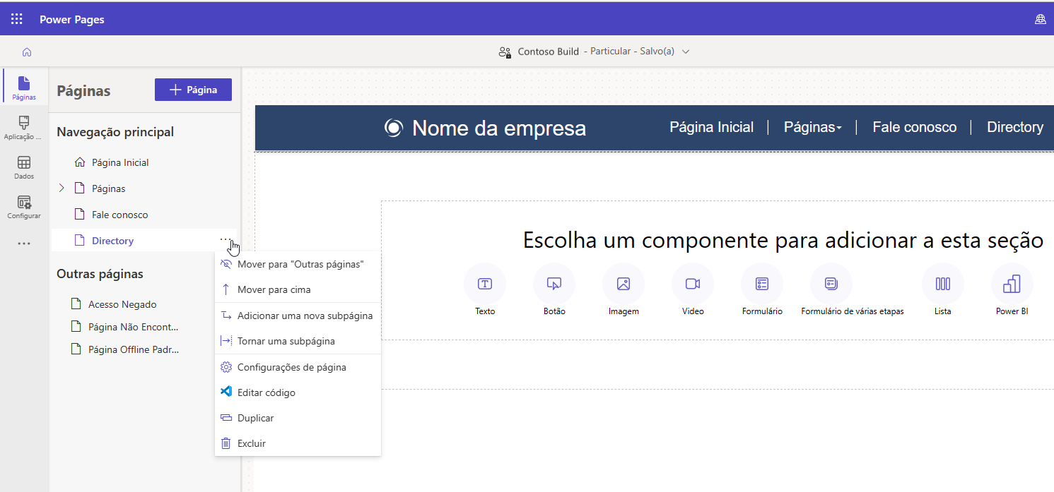 Captura de tela do Gerenciamento de navegação de página depois de salvar a página.