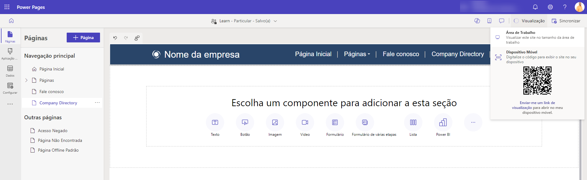 Captura de tela do comando de visualização de página no design studio do Power Pages.
