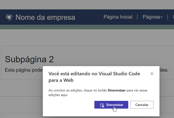Captura de tela de um prompt para sincronizar o conteúdo da página após a conclusão da edição no Visual Studio Code para a Web