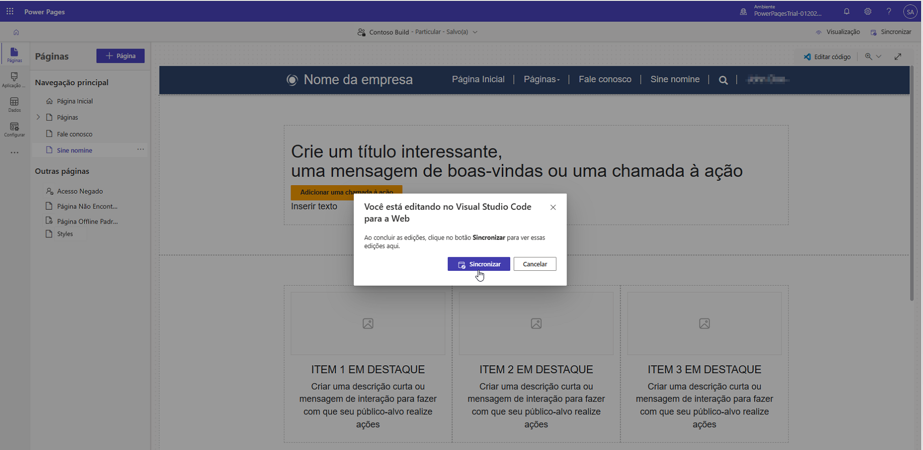 captura de tela de um prompt de diálogo para sincronizar o conteúdo da página entre o Visual Studio Code para o editor da Web e a tela do estúdio de design.