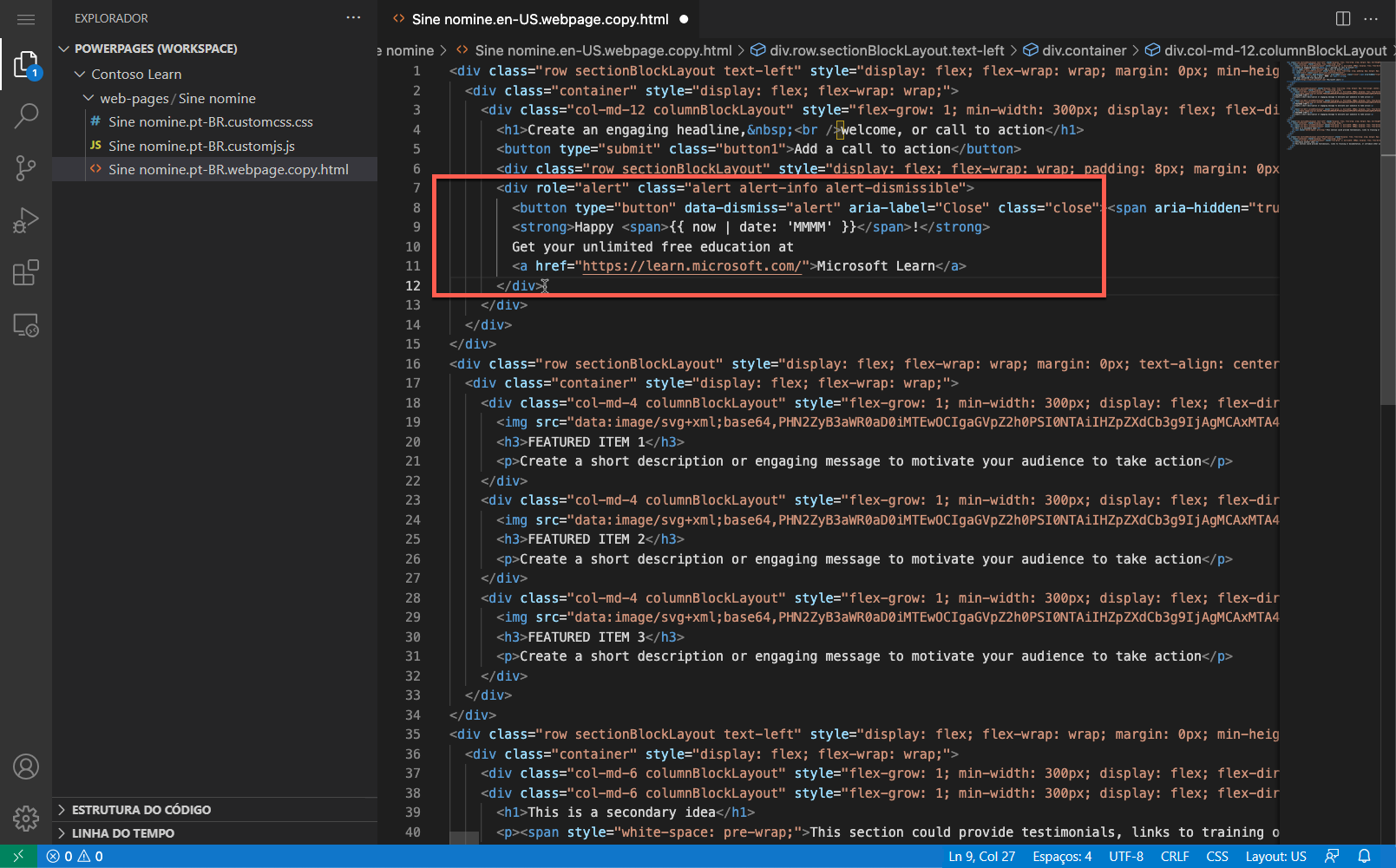 captura de tela do conteúdo da página aberta no Visual Studio Code para o editor da Web com o novo conteúdo realçado.