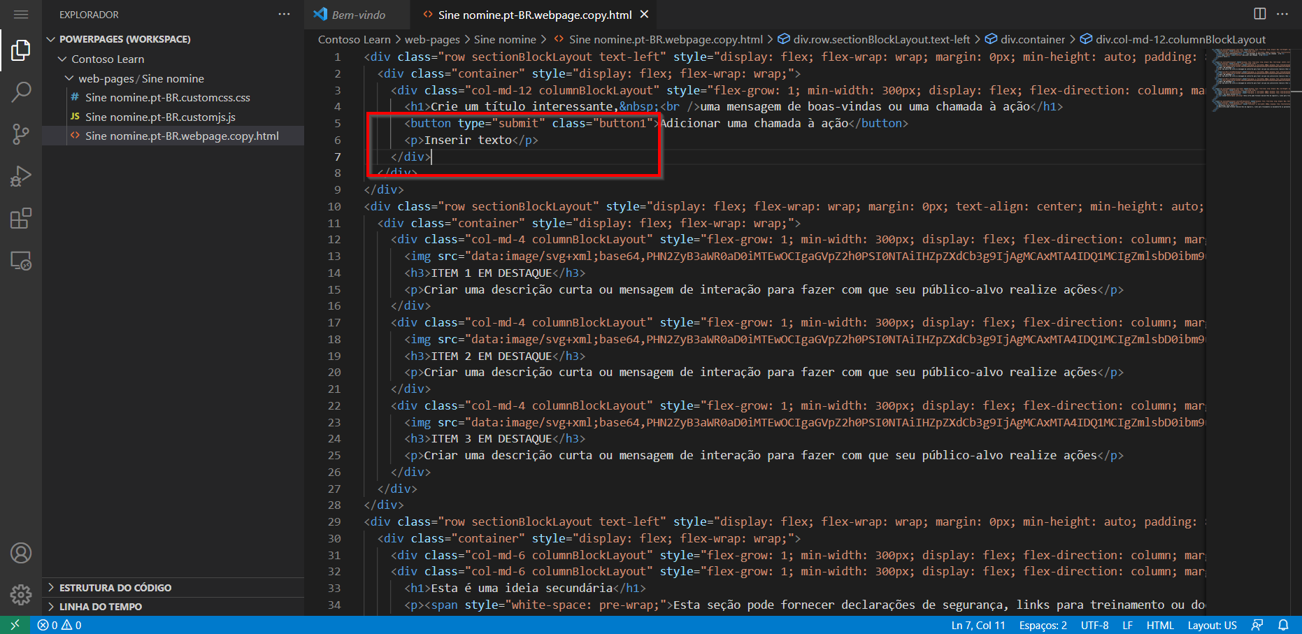 Captura de tela do conteúdo da página aberta no Visual Studio Code para o editor da Web com o parágrafo do texto realçado.