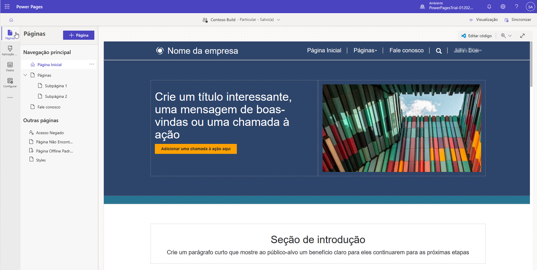 Screenshot do estúdio de design Power Pages com um site no modo de edição e o workspace Pages selecionado.