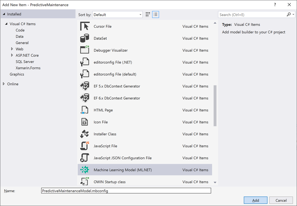 Captura de tela que mostra seleções para criar um modelo.