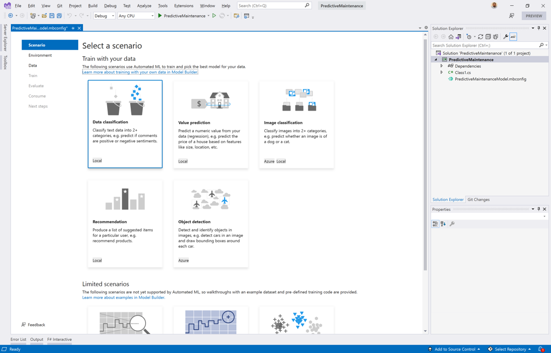 Captura de tela que mostra seleções para escolher o cenário de classificação de dados.