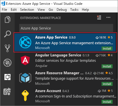 Captura de ecrã do Visual Studio Code que mostra o separador Extensões com a extensão do Serviço de Aplicações do Azure realçada nos resultados da pesquisa.