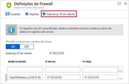 Screenshot of the Azure portal showing the SQL database Firewall settings pane with the Add client IP highlighted.