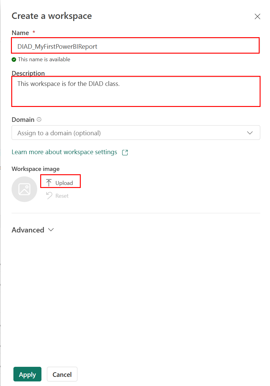Captura de ecrã de dados inserido dentro do Create um área de trabalho diálogo, e o aplicar botão.