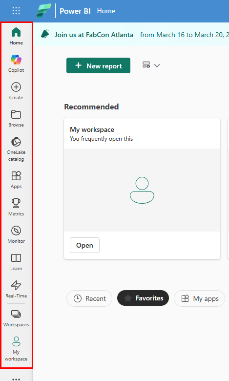 Captura de ecrã exibe o painel de navegação do Power BI  home page.