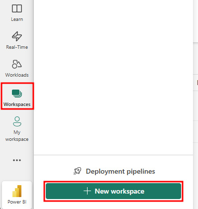 Captura de ecrã de Novos área de trabalho botão dentro do áreas de trabalho painel.