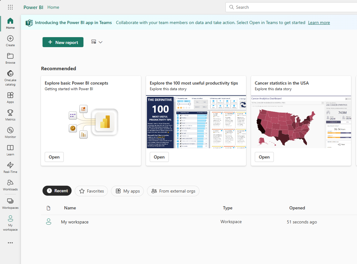 Captura de ecrã do home page dentro Power BI browser.