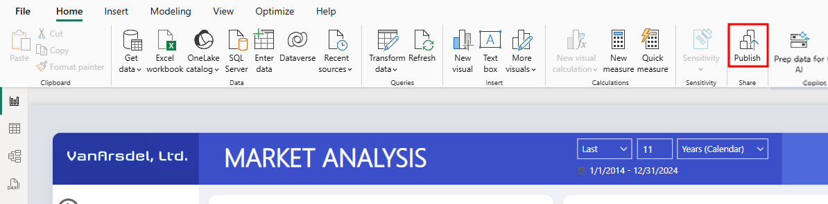 Captura de ecrã exibe a Power BI Desktop faixa de opções Página Inicial com a opção publicar botão realçada.
