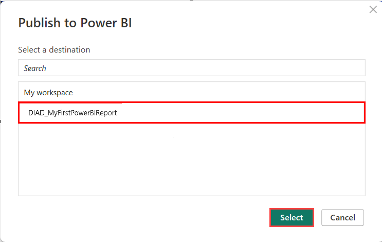 Captura de ecrã exibe o publicar para Power BI diálogo janela com o área de trabalho e Selecionar botão realçados.