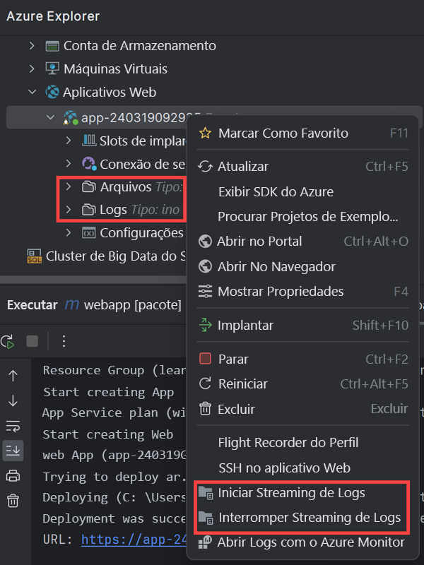 Captura de ecrã a mostrar o menu de contexto da aplicação Web na janela Azure Explorer (Explorador do Azure).