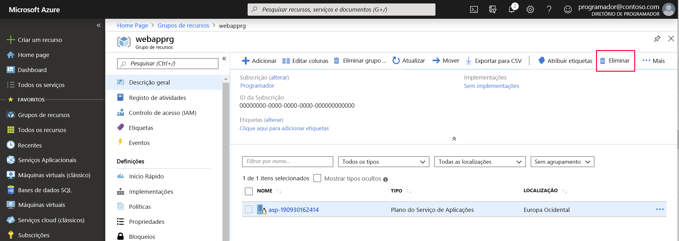 Captura de ecrã do portal do Azure. O usuário está excluindo o plano de serviço do aplicativo.