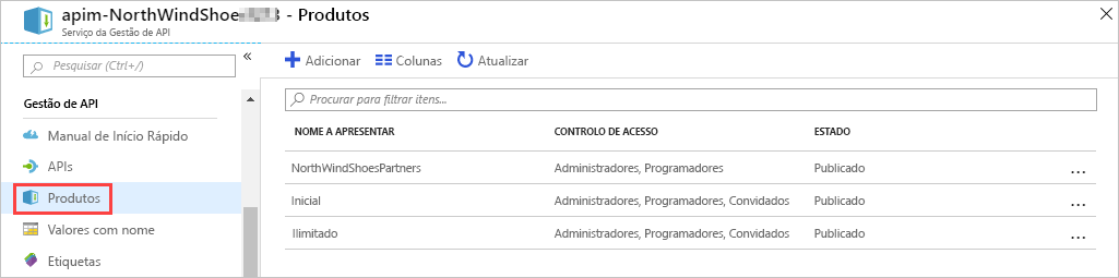 Screenshot of Azure portal showing API Management with products section highlighted.