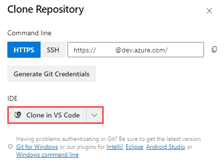 Captura de ecrã do Azure DevOps que mostra as definições do repositório, com o botão Clonar no VS Code realçado.
