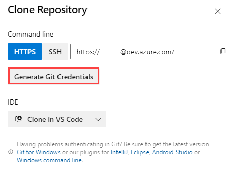 Captura de ecrã do Azure DevOps que mostra as definições do repositório, com o botão Gerar Credenciais Git realçado.
